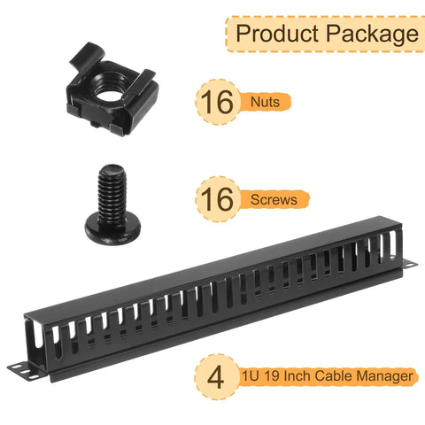 Product package includes 16 nuts, 16 screws, and 4 pack 1U 19 inch cable manager kit for network racks, 24 slot horizontal wire organizer.