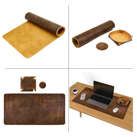 Real Leather Desk Mat Set 32 By 16 Inches Premium Full Grain Leather Desk Pad Thick 2mm Large Desk Cover Blotter Protector for computer gaming