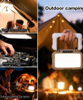 Crazy Bright USB C Rechargeable Camping Lantern With 1500 Lumens used in various outdoor settings, including tent and barbecue light.
