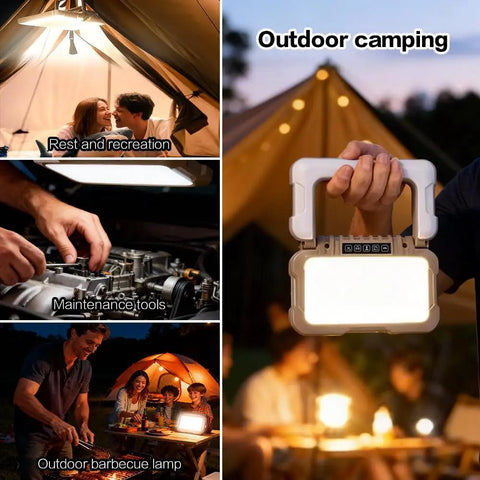 Crazy Bright USB C Rechargeable Camping Lantern With 1500 Lumens used in various outdoor settings, including tent and barbecue light.