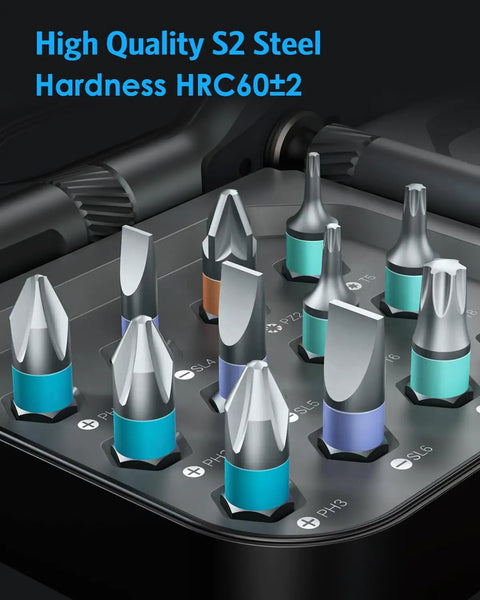 Close-up of S2 magnetic bits from 24 In 1 Magnetic Screwdriver Set With Mini Ratchet Handle And Detachable Ratchet Includes 24 S2 Magnetic Bits