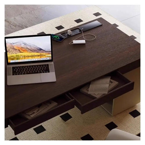 Top Shelf Standing Desk With Sleek Smoky Matte Paint Boss Ready Computer Workstation showing laptop on solid wood surface with drawers and charging station.