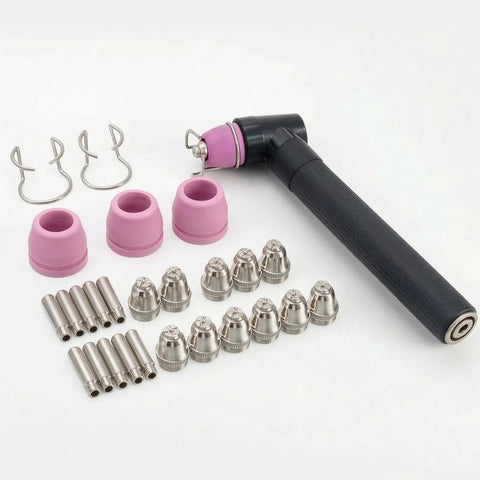 Cutting Nozzle And Torch Supply Kit For SG55 A60 Thermal Torch Cutter Reduces Downtime Built For Repair Shops Workshops DIY Garages And Tech Shops Pro Grade And Easy To Use, with SG55/A60 torch, silver nozzles, pink ceramic cups, and retaining clips
