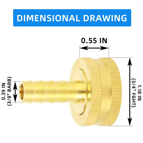 2 Pack 3/8 Barb To 3/4 Female GHT Thread Swivel Brass Garden Hose Connector With Clamps For Quick Leak Free Garden Hose Repairs And Easy All Weather Connections Durable Solid Brass, dimensional drawing