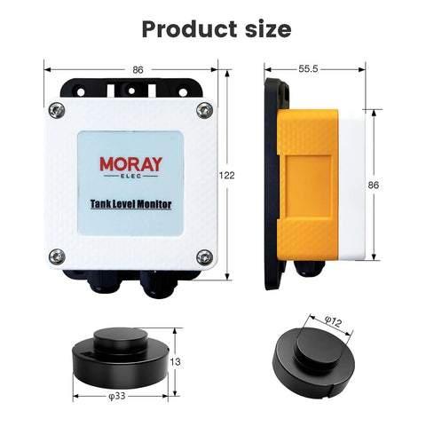 Smart WiFi LPG Tank Level Sensor with High Accuracy Ultrasonic Detection and Automatic Alarm; product dimensions shown.