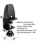 Beefy 4 Pack Desk Partition Divider Bracket Clips, Tough As Nails Sneeze Guard Holders For Crystal Clear Acrylic Panels, Rust Resistant C Clamp Mounts For Sturdy Wood Tables, Matte Black - aluminum alloy clamp design with dimensions.