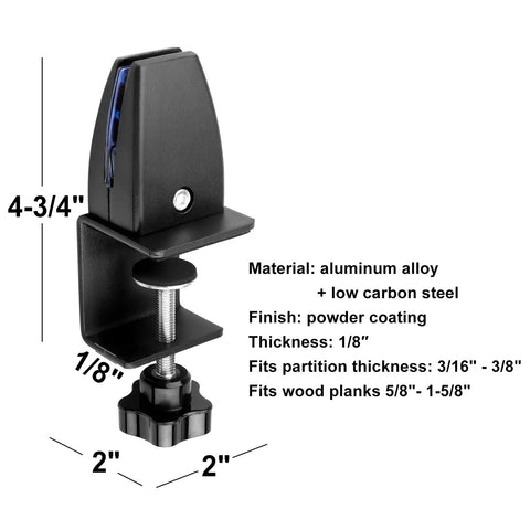 Beefy 4 Pack Desk Partition Divider Bracket Clips, Tough As Nails Sneeze Guard Holders For Crystal Clear Acrylic Panels, Rust Resistant C Clamp Mounts For Sturdy Wood Tables, Matte Black - aluminum alloy clamp design with dimensions.