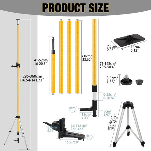 Telescoping Laser Level Pole Kit 12 Ft 3.6 M with adjustable components and sizes detailed
