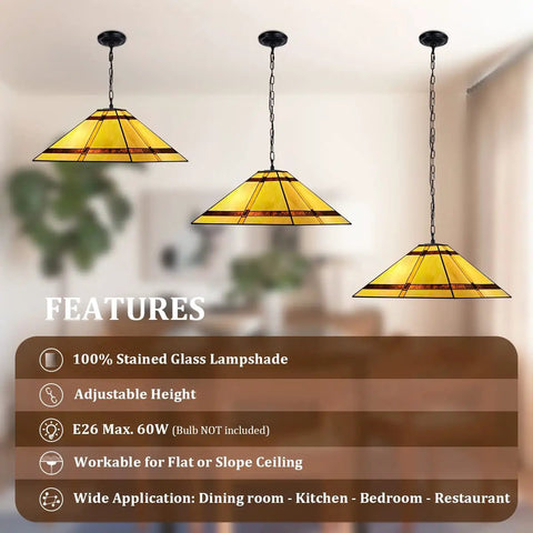 Three cream cross Tiffany pendant lights with vintage vibe glass, 16-inch stained glass hanging lamps for kitchen and dining room.