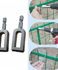 Heavy Duty Wire Twisting Tool With Standard Hex Shank shown beside a drill, ideal for fence repair and garden binding.