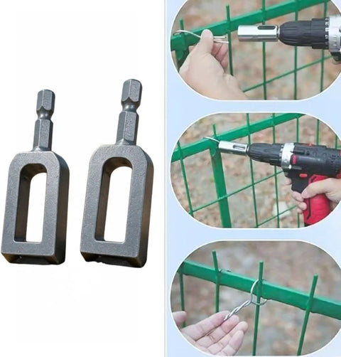 Heavy Duty Wire Twisting Tool With Standard Hex Shank shown beside a drill, ideal for fence repair and garden binding.