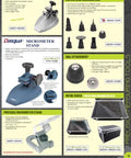 Micrometer accessories catalog page showing stands, anvil kit, ball attachment, and metal storage cases