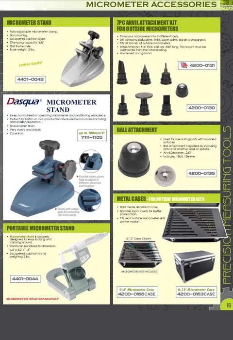 Micrometer accessories catalog page showing stands, anvil kit, ball attachment, and metal storage cases