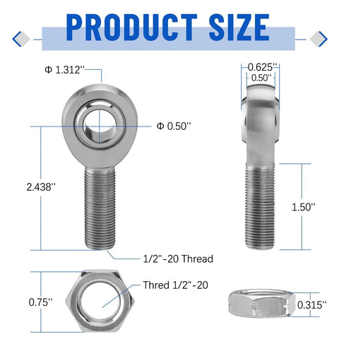 Beefed Up One Half Inch Heim Joint Kit Left And Right Hand Thread Rod Ends With Jam Nut, Heat Treated And Hard Chrome Plated For Up To 16,238 Lbs Load, Perfect For Steering And Suspension, Traction Bars And Steering Joints. 1/2-inch rod end and jam nut size diagram