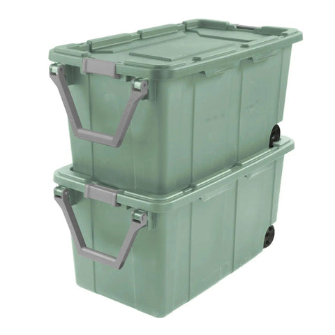 40 Gallon Wheeled Tough Plastic Storage Tote With Latch Lid Heavy Duty Green Industrial Bin For Tools Gear Camping And Seasonal Items Durable BPA Free Tote Stackable Set Of 2
