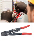 Technician using Hella Reliable Ratchet Wire Stripper And Terminal Crimping Tool For Network Data Cables on service panel.