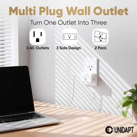 Two Pack Multi Plug Outlet Extender Turns One Wall Socket Into Three Grounded Plugs, 3 Way Wall Splitter For Home Office Dorm And Cruise Ship Travel, Flat Angled Design, Slim And Compact Power Tap Adapter