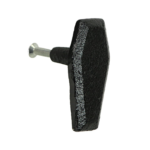 Side view of Gothic Black Cast Iron Coffin Drawer Pull, 2.5 inches long, 1.5 inches high, for cabinets and drawers, vintage decor