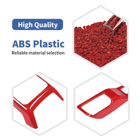 Red Gear Shift Cover And 4WD Shift Knob Trim Panel Kit For Jeep Wrangler JL JLU Gladiator JT 2018 2024 Two Piece Set Built In High Quality ABS Finish For A Sporty Red Interior Accent And Easy Install showing ABS plastic material