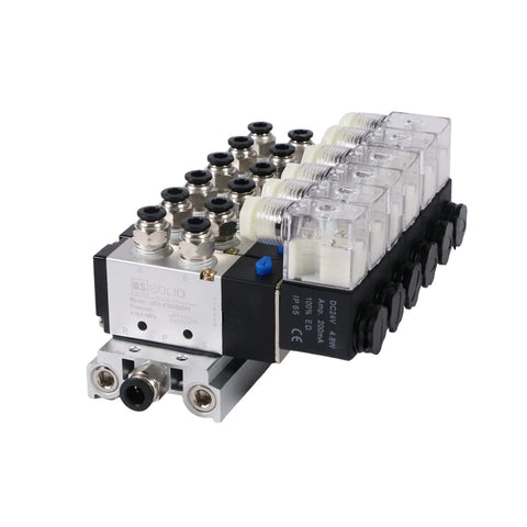 4V210-08 Six Valve Pneumatic Solenoid Valves With 1/4 Inch NPT Threads 2 Position 5 Way On A Compact Manifold Base DC 24V
