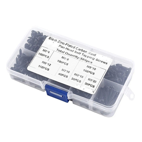 Two Pack 500 M3 Black Pan Head Cross Self Tap Wood Screws For Easy Hidden Wood Joints in a clear plastic case