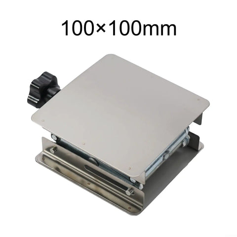Top Shelf Heavy Duty Stainless Steel Lift Table With Manual Adjustable Height Screws For Precision Milling Machines And Industrial Woodworking Setup Durable Scissor Jack Platform High Load Capacity Professional Grade Equipment 100x100mm manual lift table with crank and compact design.