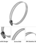 6 Pack Adjustable 3.5 Inch 304 Stainless Steel Hose Clamps Worm Gear Duct Clamp for air ducting automotive plumbing and mechanical applications fits three to four inch hoses 78 to 101 mm, close-up view showing buckle design and screw hole.