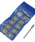 Diamond Cutting Wheel Set For Rotary Tools With 10 Diamond Cutting Wheels, 1 Cylinder Diamond Bit, And 2 Mandrels shown in blue case