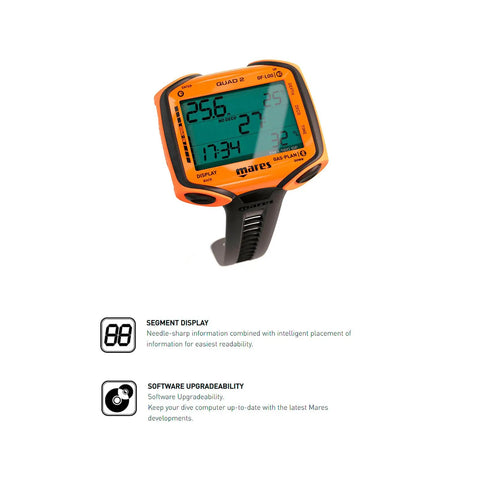Quad 2 Smart Wrist Dive Computer with Buhlmann ZH L16C Algorithm in orange displaying depth, time, and decompression data