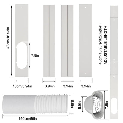 Components of Portable AC Window Vent Kit With 5.9 Inch Exhaust Hose And Coupler Universal Window Seal For Portable Air Conditioners Adjustable Duct Kit For Sliding Or Vertical Windows No Fuss Install Leak Proof Exhaust Solution shown.