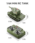 Image of a green 1:64 RC tank with a remote, part of the Two Player 1 To 64 RC Battle Tank Set With Infrared Shoot Dual Tanks.