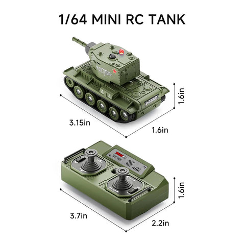 Image of a green 1:64 RC tank with a remote, part of the Two Player 1 To 64 RC Battle Tank Set With Infrared Shoot Dual Tanks.