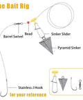 Diagram of bait rig with pyramid sinker, stainless J hook, bead, barrel swivel from 136 Piece Saltwater Tackle Kit For Surf Fishing With Lures And Rigs Hooks Leaders Swivels Sinker Weights Beads Snaps And More All In One Ocean Fishing Gear.