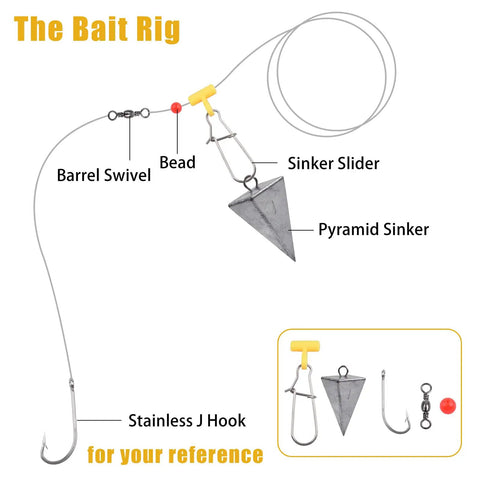 Diagram of bait rig with pyramid sinker, stainless J hook, bead, barrel swivel from 136 Piece Saltwater Tackle Kit For Surf Fishing With Lures And Rigs Hooks Leaders Swivels Sinker Weights Beads Snaps And More All In One Ocean Fishing Gear.