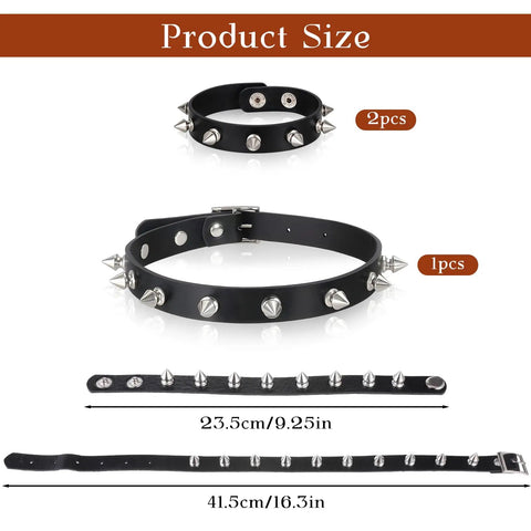 Dope Three Piece Leather Punk Set Featuring Spiked Gothic Choker And Dual Studded Wristbands For Savage Street Style Rock Edge Heavy Metal Fits Perfectly, size details and spiked design