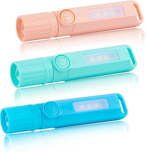 3 Pack USB C Rechargeable Mini LED Flashlights With Sidelight Lantern, Ultralight Zoomable Beam in pink, green, and blue