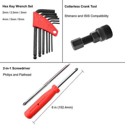 Image showing hex key wrench set, cotterless crank tool, and 2-in-1 screwdriver from 42 Piece Bike Repair Kit For Mountain, Dirt, And Road Bikes