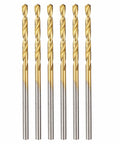 Six 2mm TiN-coated HSS twist drill bits with silver shanks, front view