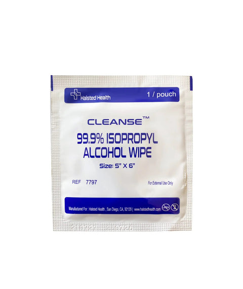 Front view of Cleanse 99.9% Isopropyl Alcohol Wipe packet, 5 x 6 inches, 1 per pouch, Halsted Health