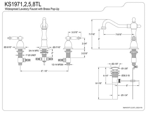 Heritage Widespread Lavatory Faucet In Polished Chrome With Deck Mount Three Hole Installation technical diagram