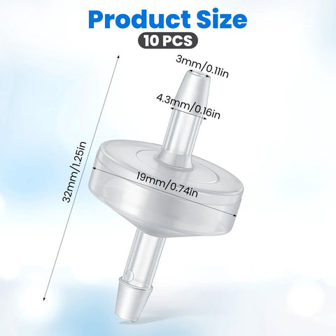Front view of clear plastic check valve with hose barb, 10-pack, 1/8 in (3 mm) size for water, fuel and air systems.