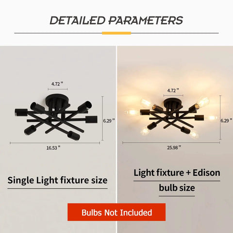 Detailed parameters of Six Light Black Matte Sputnik Ceiling Light Fixture Semi Flush Mount With E26 Base shown without bulbs.