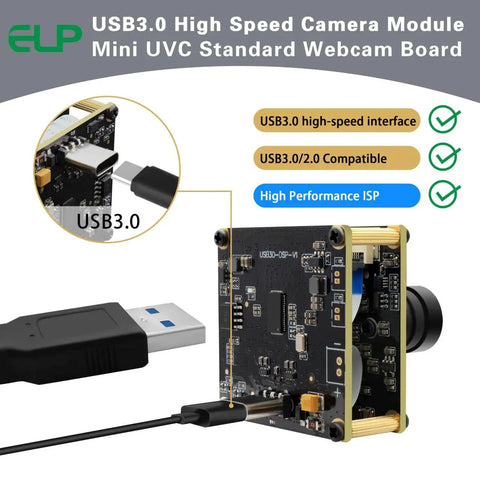 Side view of Ultra HD 20MP USB3 Camera Module For Computers And Raspberry Pi 4K 30FPS WebCam Board with USB3 connection.