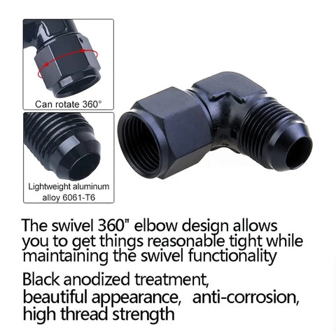 8AN Female To 8AN Male Flare 90 Degree Swivel Hose Fitting Adapter Aluminum Anodized Black AN8 To AN8 Three Quarter Inch UNF Thread 2 Pack For Fuel Oil Gas Water Air Lines, black elbow