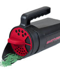 EarthShaker Hand Spreader 4 lb capacity with four option dial lid dispensing green material, ergonomic handle, black and red design