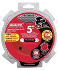 5 Inch Hook And Lock Sanding Discs 150 Grit Fine Ceramic Blend in red packaging, 50 pack, compatible with wood, metal, plastic surfaces.