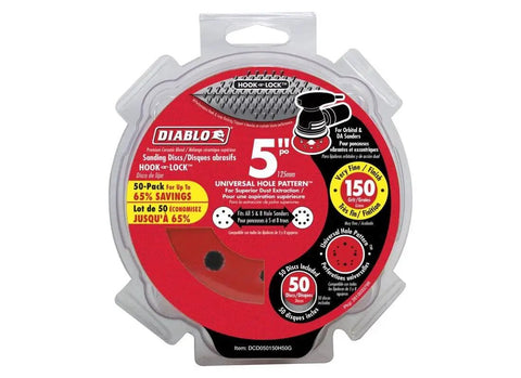 5 Inch Hook And Lock Sanding Discs 150 Grit Fine Ceramic Blend in red packaging, 50 pack, compatible with wood, metal, plastic surfaces.