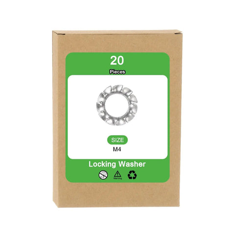 Badass M4 External Tooth Washers 304 Stainless Steel Locking Rings in box, pack of 20, for secure bike and tool repairs.