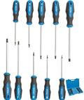 10 Piece Magnetic Torx Screwdriver Set With Center Hole Cushioned Grip High Torque Pro Grade Tools In Matte Black Chromium Vanadium Steel Rust Resistant Anti Corrosion Portable Carry Case, showing different screwdriver sizes and blue handles.
