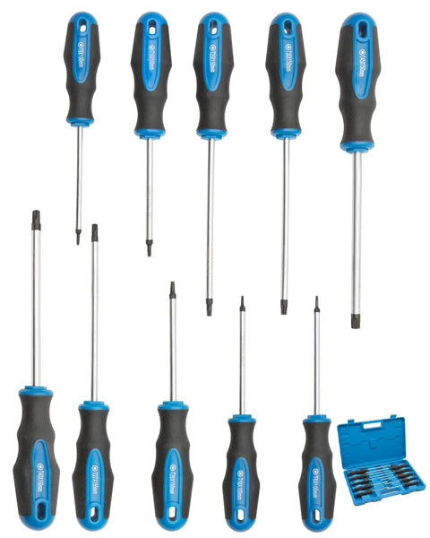 10 Piece Magnetic Torx Screwdriver Set With Center Hole Cushioned Grip High Torque Pro Grade Tools In Matte Black Chromium Vanadium Steel Rust Resistant Anti Corrosion Portable Carry Case, showing different screwdriver sizes and blue handles.